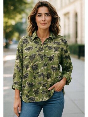 Tahari 100% Linen Flax Shirt Green Palm Tree Print Tropical Resort Beach Size L